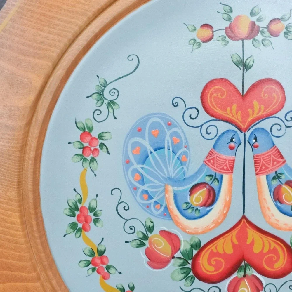 Vintage Norwegian Rosemaling Dove Heart Hand Painted Wooden Wall Plaque
